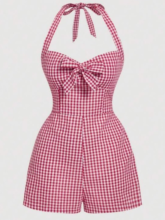 SHEIN Pants - SHEIN MOD Women's Cute Plaid Halter Tied Jumpsuit,Casual Summer Outfits red